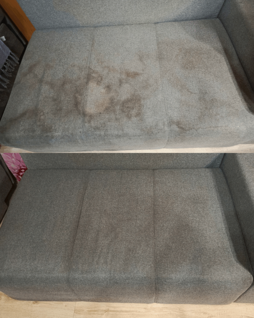 alt="Pranie narożnika Warszawa Wola – efekt przed i po czyszczeniu tapicerki. Po lewej stronie narożnik przed praniem, widoczne plamy i zabrudzenia. Po prawej stronie narożnik po czyszczeniu – czysty, odświeżony i wolny od plam."
