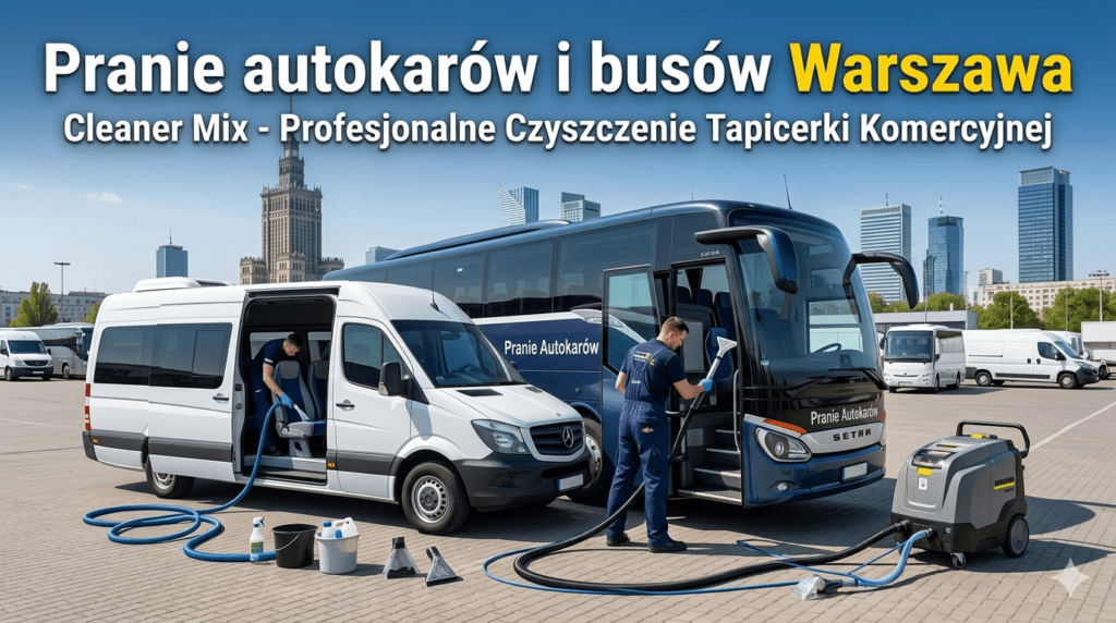 Profesjonalne pranie autokarów i busów w Warszawie – firma Cleaner Mix przy pracy z profesjonalnym sprzętem ekstrakcyjnym na tle panoramy miasta.