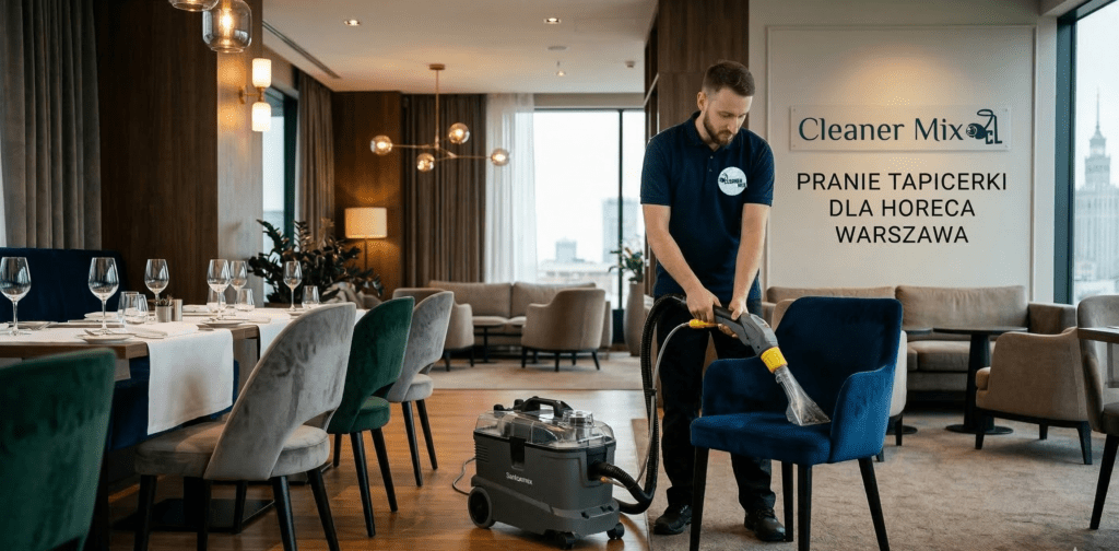 Pracownik firmy Cleaner Mix wykonuje profesjonalne pranie tapicerki w hotelu w Warszawie