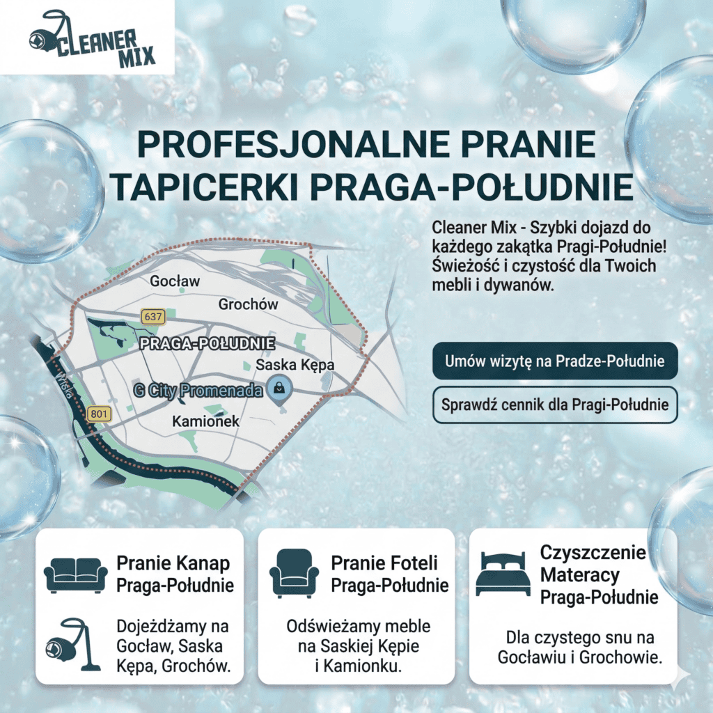 Mapa Pragi-Północ z zaznaczonym rejonem usług czyszczenia kanap i foteli przez Cleaner Mix. Warszawa.
Obszar działania Cleaner Mix na Pradze-Północ – mapa dojazdu do klienta na pranie tapicerki meblowej i samochodowej.