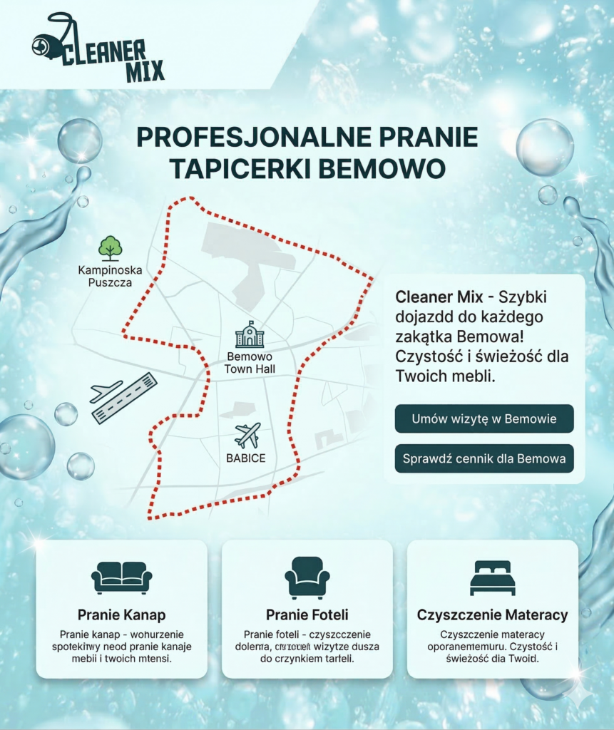 Profesjonalne pranie tapicerki meblowej i czyszczenie kanap na Bemowie – firma Cleaner Mix, mapa zasięgu usług.
