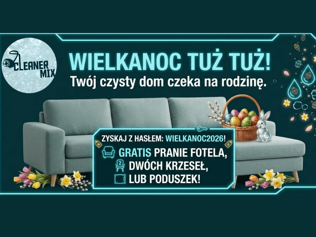 Wielkanocne czyszczenie kanap i pranie tapicerki w Warszawie – przygotuj dom na święta z Cleaner Mix. Grafika z elegancką kanapą, koszyczkiem wielkanocnym i napisem: Wielkanoc tuż tuż!