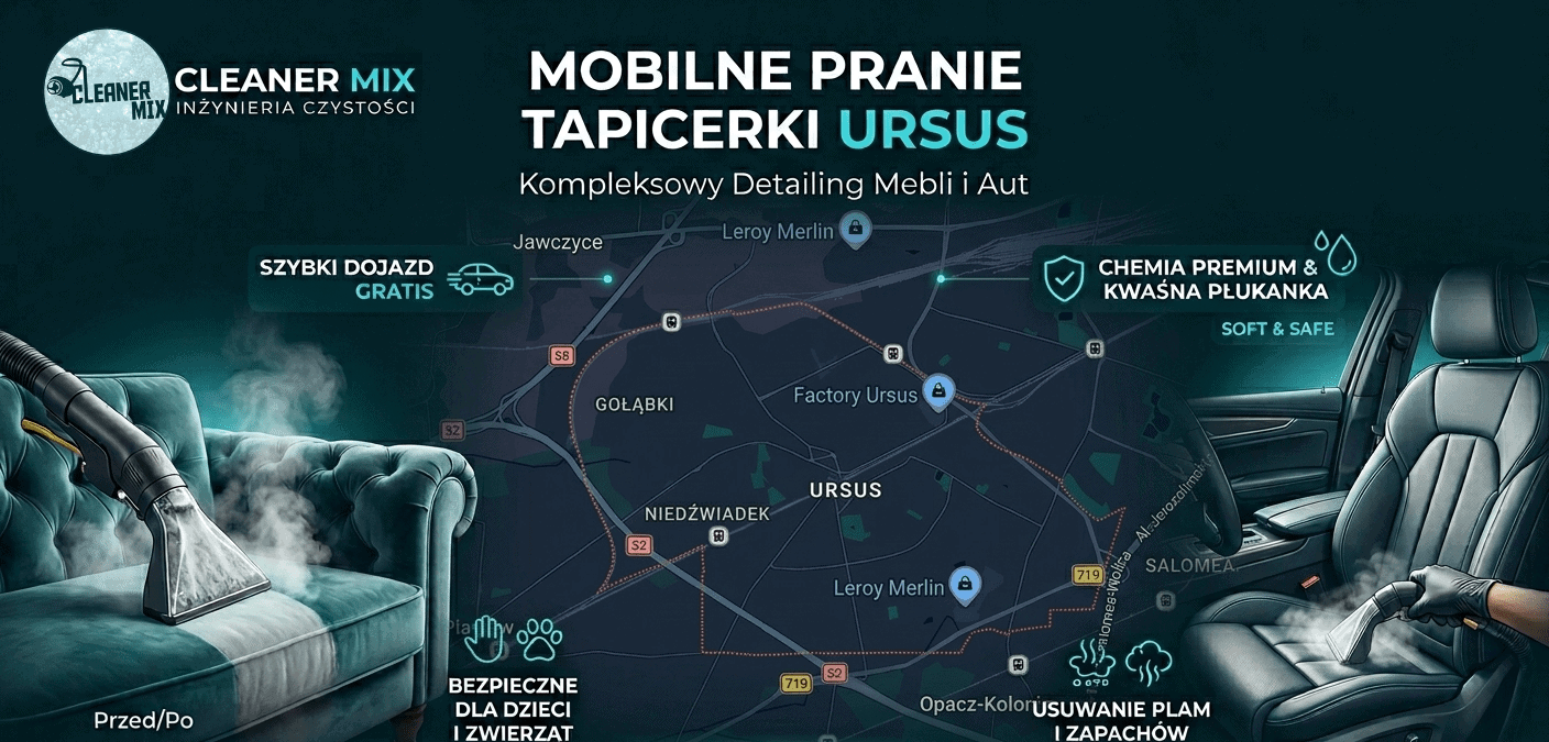 Pranie tapicerki Ursus – specjalistyczny sprzęt ekstrakcyjny Profesjonalne pranie tapicerki Ursus – Cleaner Mix Inżynieria Czystości – nowoczesna ekstrakcja